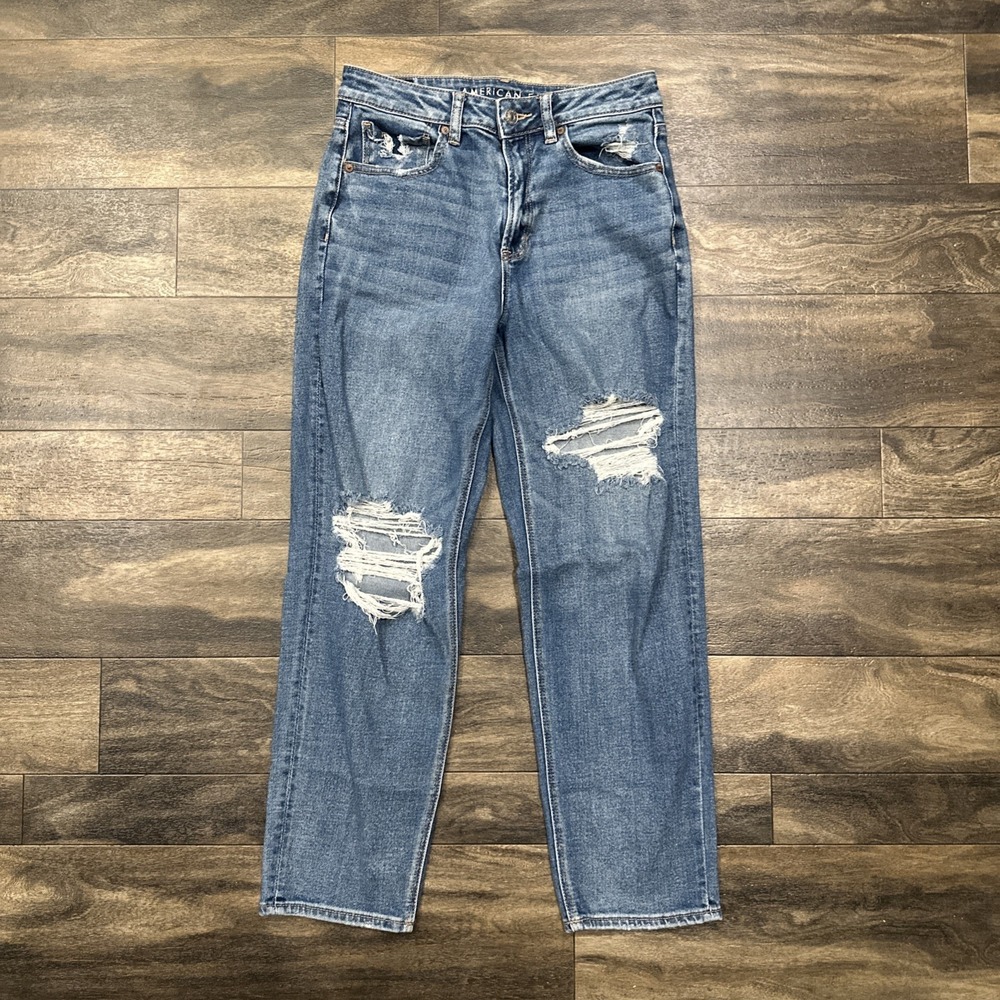 American Eagle Mom Straight Jean Medium-Wash Denim Distressed Women's Size 6 Reg